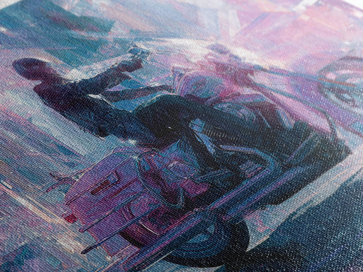 Motorcycle Rider under Holographic Signs Canvas Print, Cyberpunk Art, Room Decor, Living Room Decor, Neon 556, Cyberpunk, CYB-3x2-56