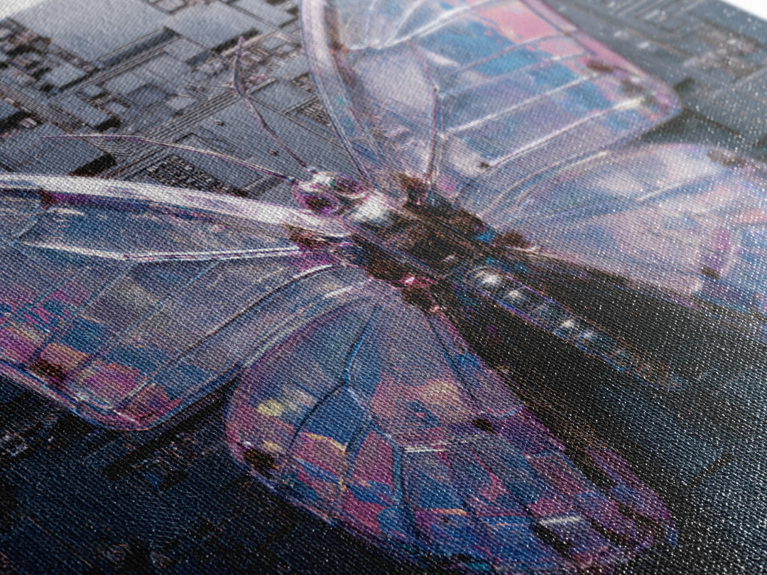 Holographic Butterfly over Black Metal Surface Framed Canvas Print, Cyberpunk Art, Modern Wall Decor, Living Room Decor, Neon, CYB-3x2-71