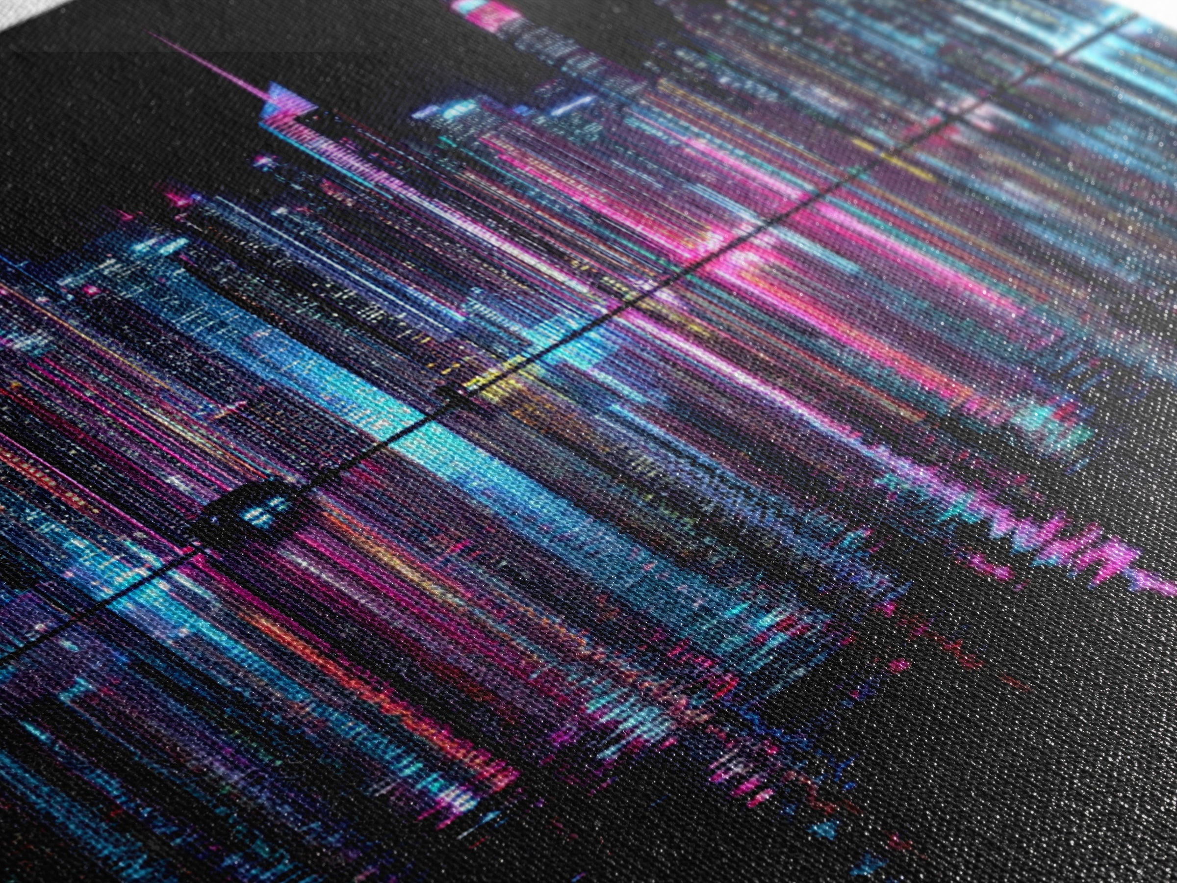 Neon Skyline Reflected Framed Canvas Print, Cyberpunk Art, Man Cave Decor, Living Room Decor, Fine Art, Neon, Fine Art Print, CYB-3x2-74