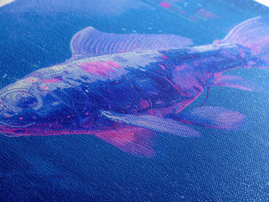 Cyberpunk Koi Swimming Through Electric Blue Water Framed Canvas Print, Cyberpunk Art, Fine Art Print, Living Room Decor, Neon, CYB-3x2-81