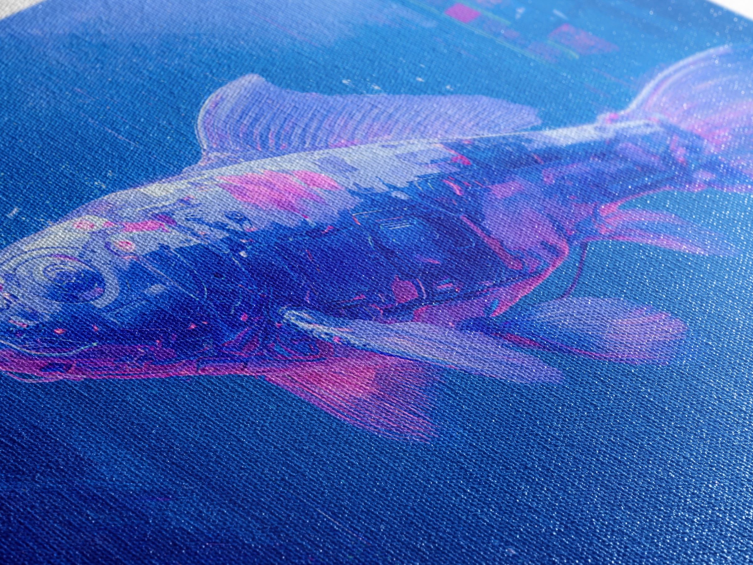 Cyberpunk Koi Swimming Through Electric Blue Water Framed Canvas Print, Cyberpunk Art, Fine Art Print, Living Room Decor, Neon, CYB-3x2-81