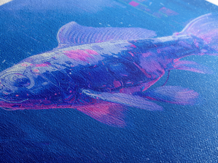 Cyberpunk Koi Swimming Through Electric Blue Water Framed Canvas Print, Cyberpunk Art, Fine Art Print, Living Room Decor, Neon, CYB-3x2-81