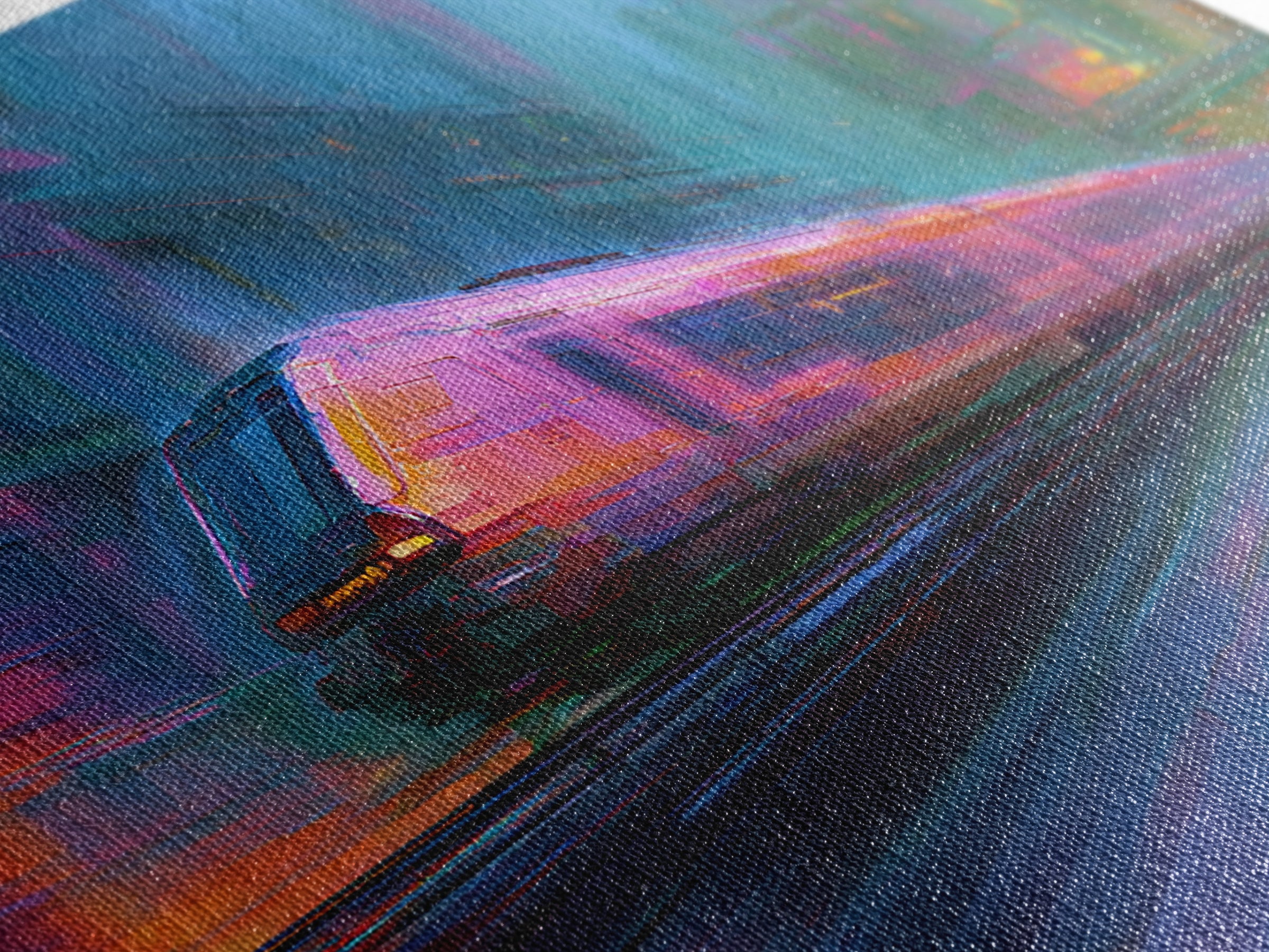 City Train Rushing Through Pink Electric Haze Canvas Print, Cyberpunk Art, Boho Decor, Living Room Decor, Oil Painting, Neon, CYB-3x2-89