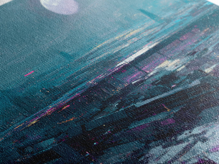 Dystopian Moon over Dense Rooftops Canvas Print, Cyberpunk Art, Cyberpunk Helmet, Living Room Decor, Abstract Art, Neon, CYB-3x2-94