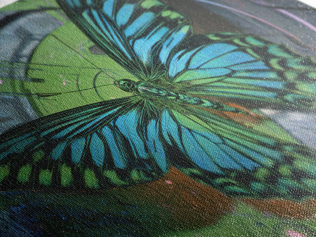 Holographic Butterfly over Black Metal Surface Framed Canvas Print, Cyberpunk Art, Gothic Decor, Living Room Decor, CYB-3x2-95