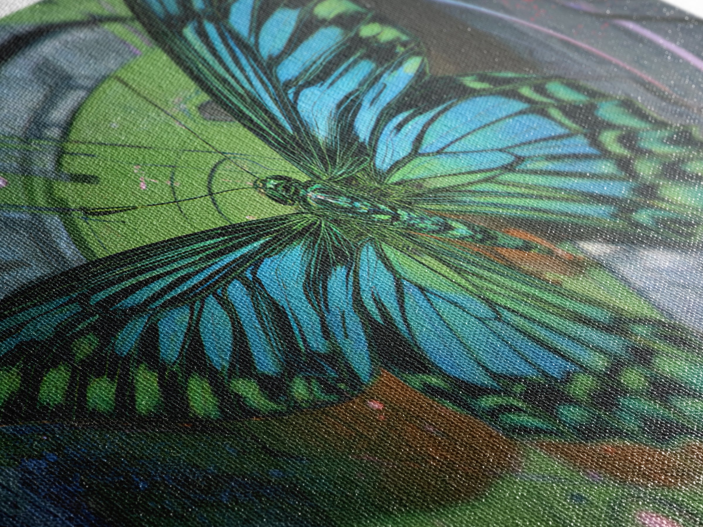 Holographic Butterfly over Black Metal Surface Framed Canvas Print, Cyberpunk Art, Gothic Decor, Living Room Decor, CYB-3x2-95
