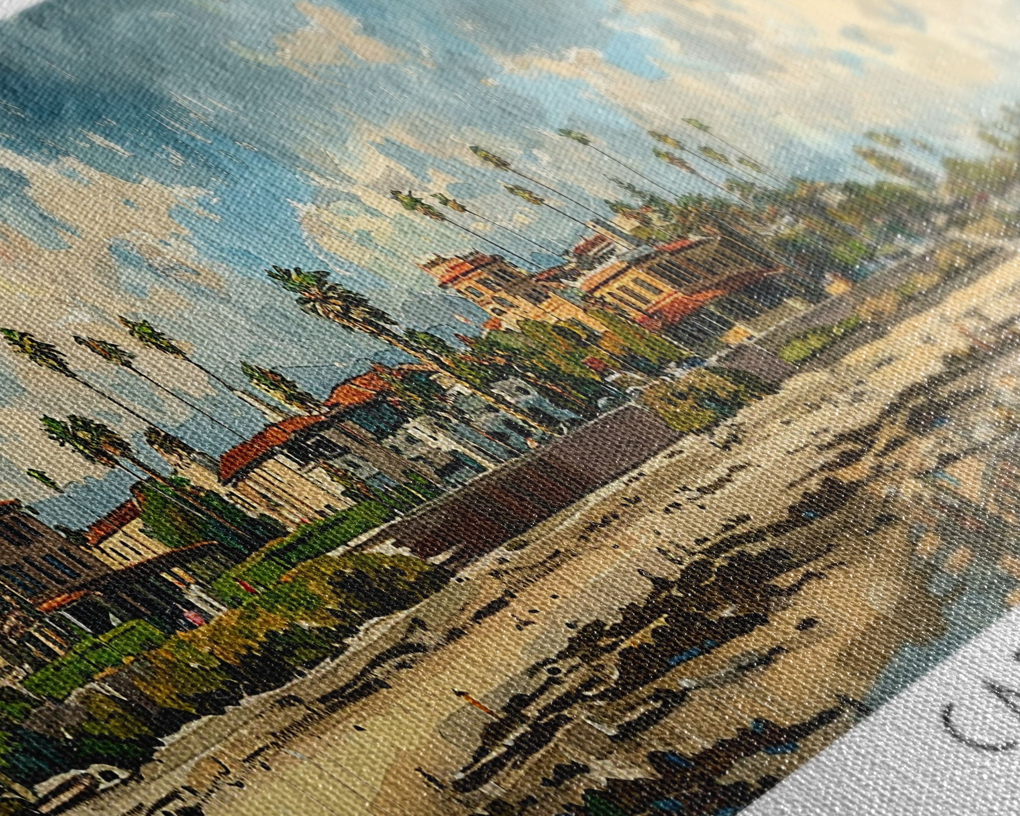 Carlsbad California Panoramic Watercolor Painting Framed Canvas Print, Travel Poster Art, Coastal Home Decor, Picturesque Cityscape, Wall Art for Bedroom, Office Wall Decoration, Travel Enthusiast Gift
