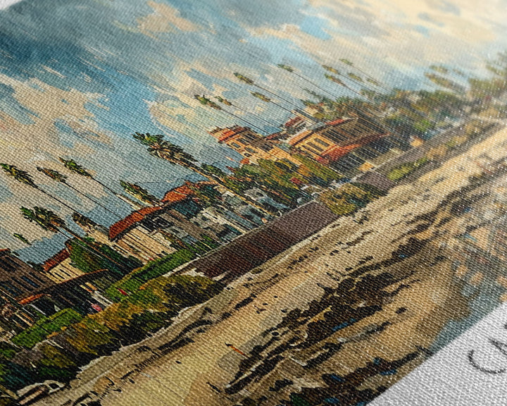 Carlsbad California Panoramic Watercolor Painting Framed Canvas Print, Travel Poster Art, Coastal Home Decor, Picturesque Cityscape, Wall Art for Bedroom, Office Wall Decoration, Travel Enthusiast Gift