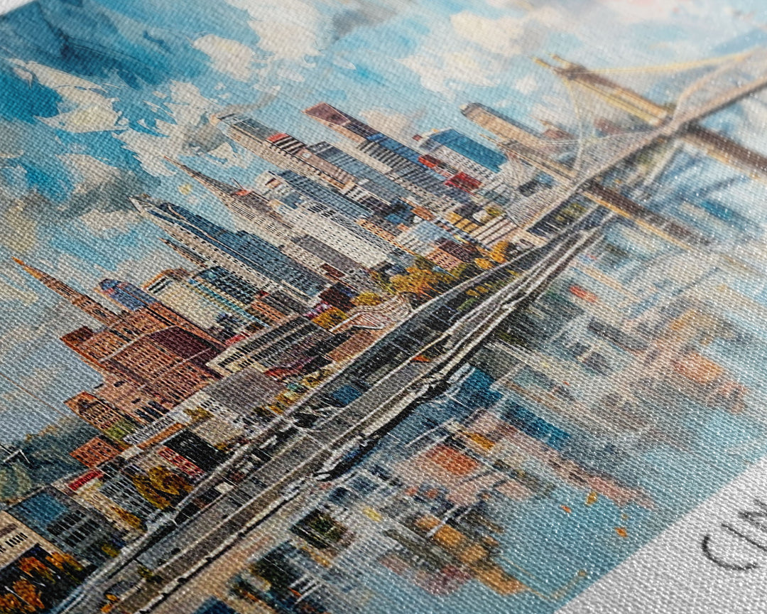 Cincinnati Ohio Panoramic Watercolor Painting Framed Canvas Print, Travel Poster Art, Urban Cityscape, Home Decor, Living Room Wall Art, Office Decoration, Gift for Ohioans