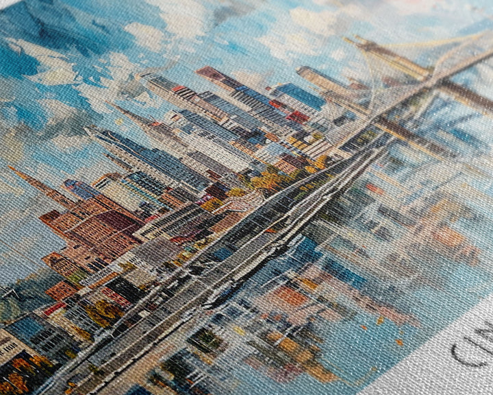 Cincinnati Ohio Panoramic Watercolor Painting Framed Canvas Print, Travel Poster Art, Urban Cityscape, Home Decor, Living Room Wall Art, Office Decoration, Gift for Ohioans