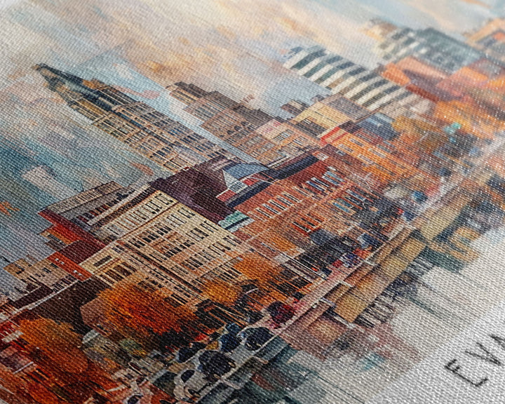Evansville Indiana Panoramic Watercolor Painting, Scenic Framed Canvas Print, Urban Wall Art for Living Room, Travel Poster, Home Decor, City Gift Idea