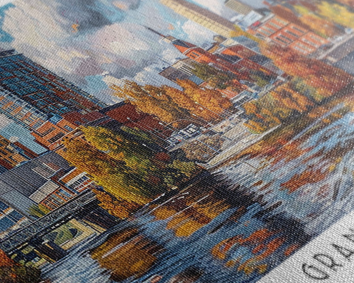 Grand Rapids Michigan Panoramic Watercolor Painting, Urban Framed Canvas Print, Cityscape Wall Art for Office, Travel Decor, Home Gift Idea