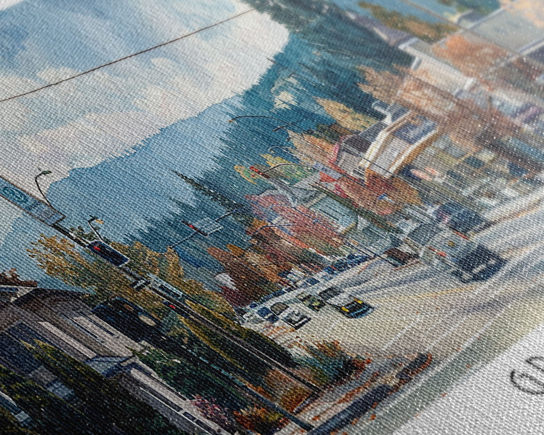 Gresham Oregon Panoramic Watercolor Painting, Urban Framed Canvas Print, Cityscape Wall Art for Living Room, Travel Decor, Home Gift Idea