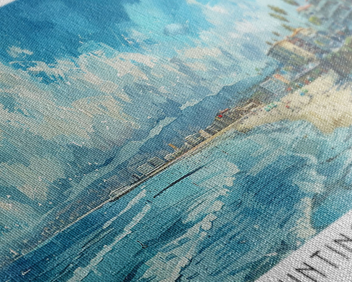 Huntington Beach California Panoramic Watercolor Painting, Urban Framed Canvas Print, Cityscape Wall Art for Office, Travel Decor, Home Gift Idea