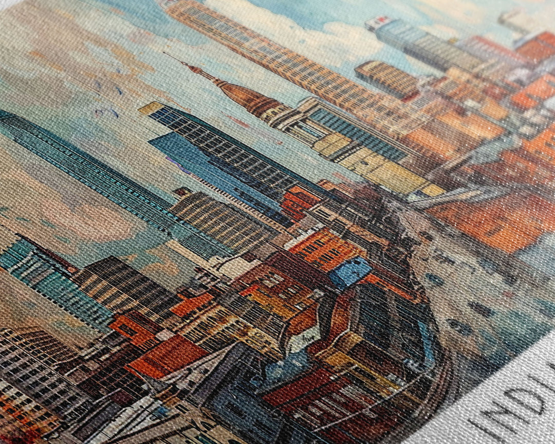 Indianapolis Indiana Panoramic Watercolor Painting, Urban Framed Canvas Print, Cityscape Wall Art for Office, Travel Decor, Home Gift Idea