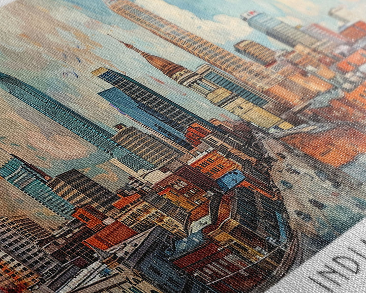 Indianapolis Indiana Panoramic Watercolor Painting, Urban Framed Canvas Print, Cityscape Wall Art for Office, Travel Decor, Home Gift Idea