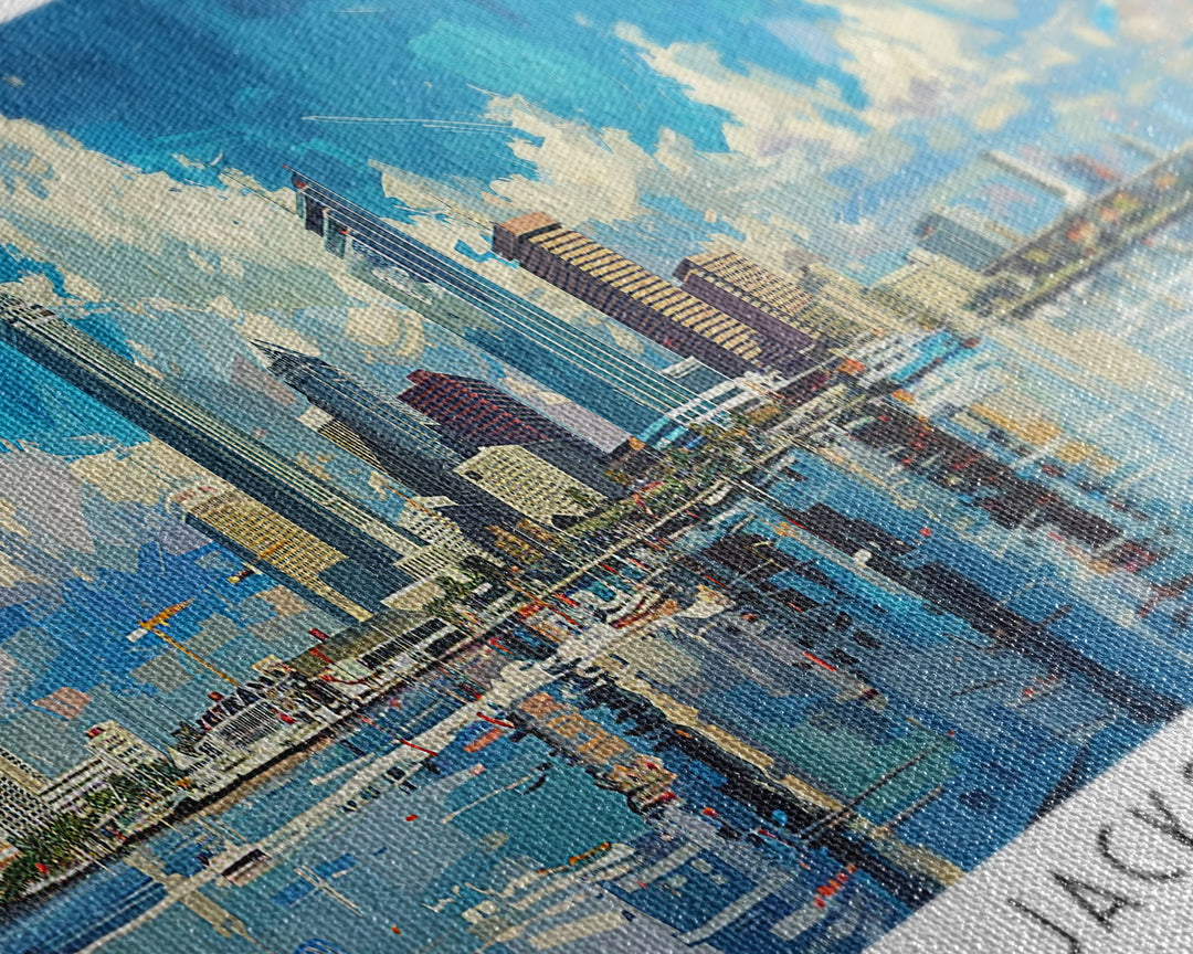 Jacksonville Florida Panoramic Watercolor City Painting, Framed Canvas Print for Home, Urban Decor, Office Art, Travel Poster