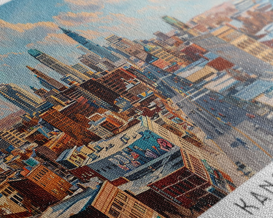 Kansas City Missouri Panoramic Cityscape Painting, Framed Canvas Print, Urban Decor, Office Wall Art, Watercolor Travel Poster, Home Decoration