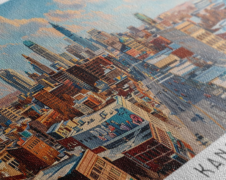 Kansas City Missouri Panoramic Cityscape Painting, Framed Canvas Print, Urban Decor, Office Wall Art, Watercolor Travel Poster, Home Decoration