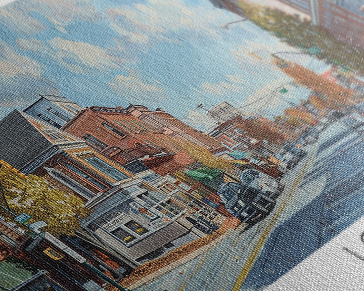 Lowell Massachusetts Panoramic Watercolor Cityscape, Framed Canvas Print for Living Room, Office Wall Art, Urban Decor, Travel Poster