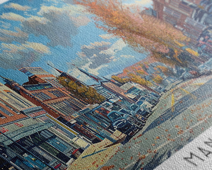 Manchester New Hampshire Panoramic Framed Canvas Print, Beautiful Watercolor Painting, City Wall Art, Office Decor, Living Room Art