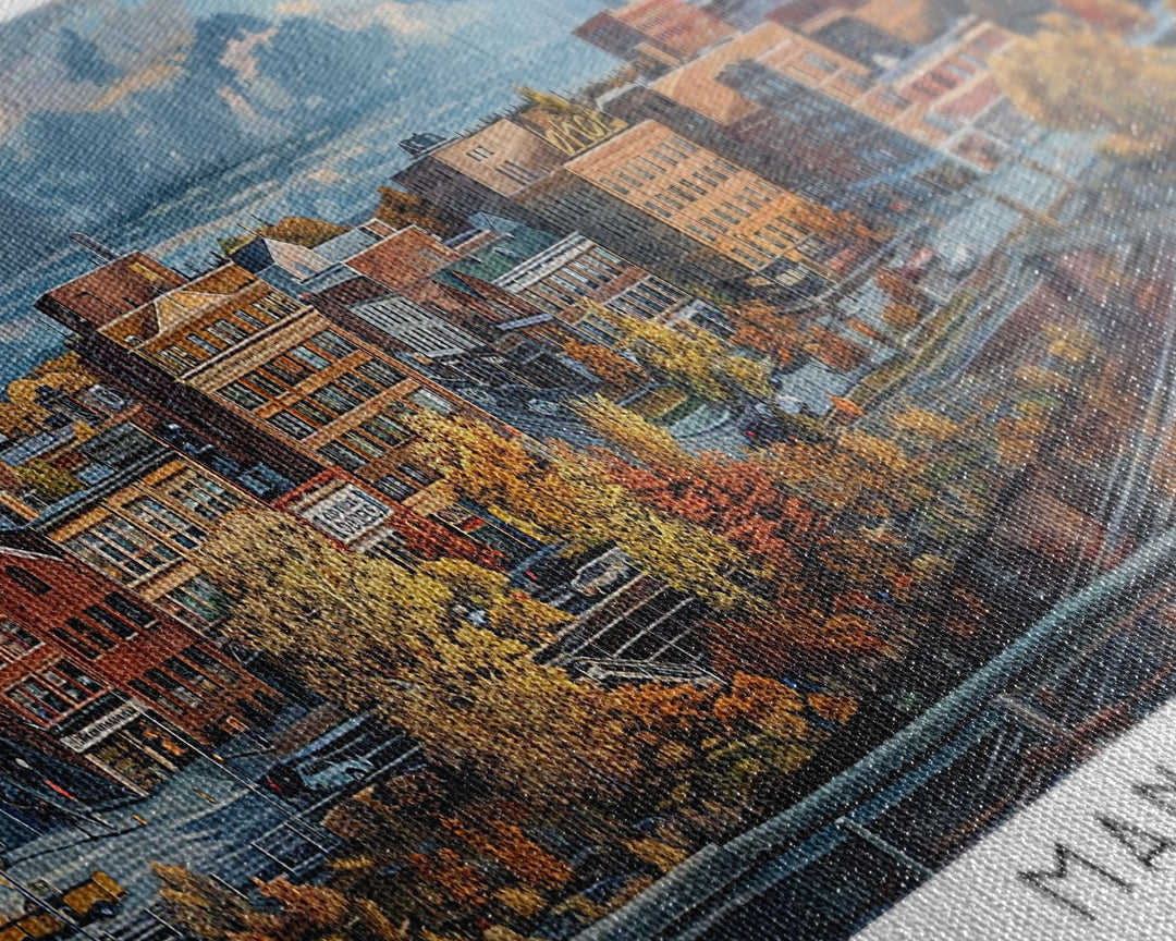 Manchester New Hampshire Panoramic Framed Canvas Print, Stunning Watercolor Painting, City Wall Art, Office Decor, Living Room Art