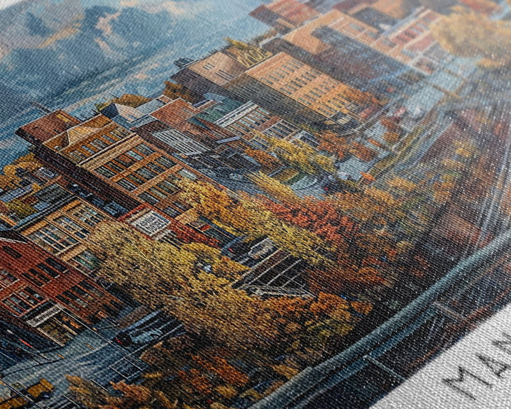 Manchester New Hampshire Panoramic Framed Canvas Print, Stunning Watercolor Painting, City Wall Art, Office Decor, Living Room Art