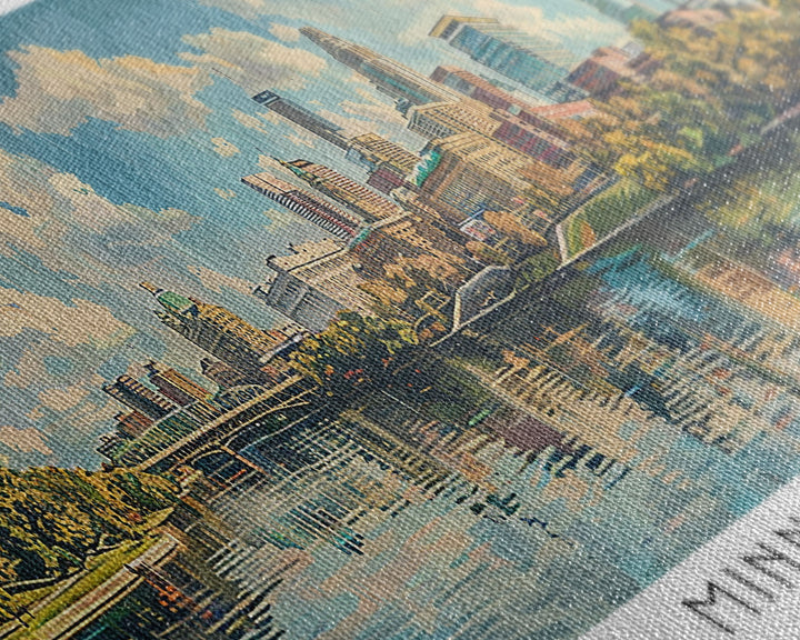 Minneapolis Minnesota Panoramic Framed Canvas Print, Watercolor Painting, Office Wall Art, Travel Poster, Home Decor, City Art