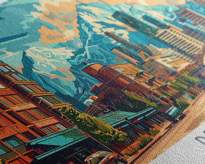 Denver Colorado Panoramic Painting Framed Canvas Print, Mid Century Modern Art, Pop Art Style, Travel Poster, Wall Art Decor, Retro Style