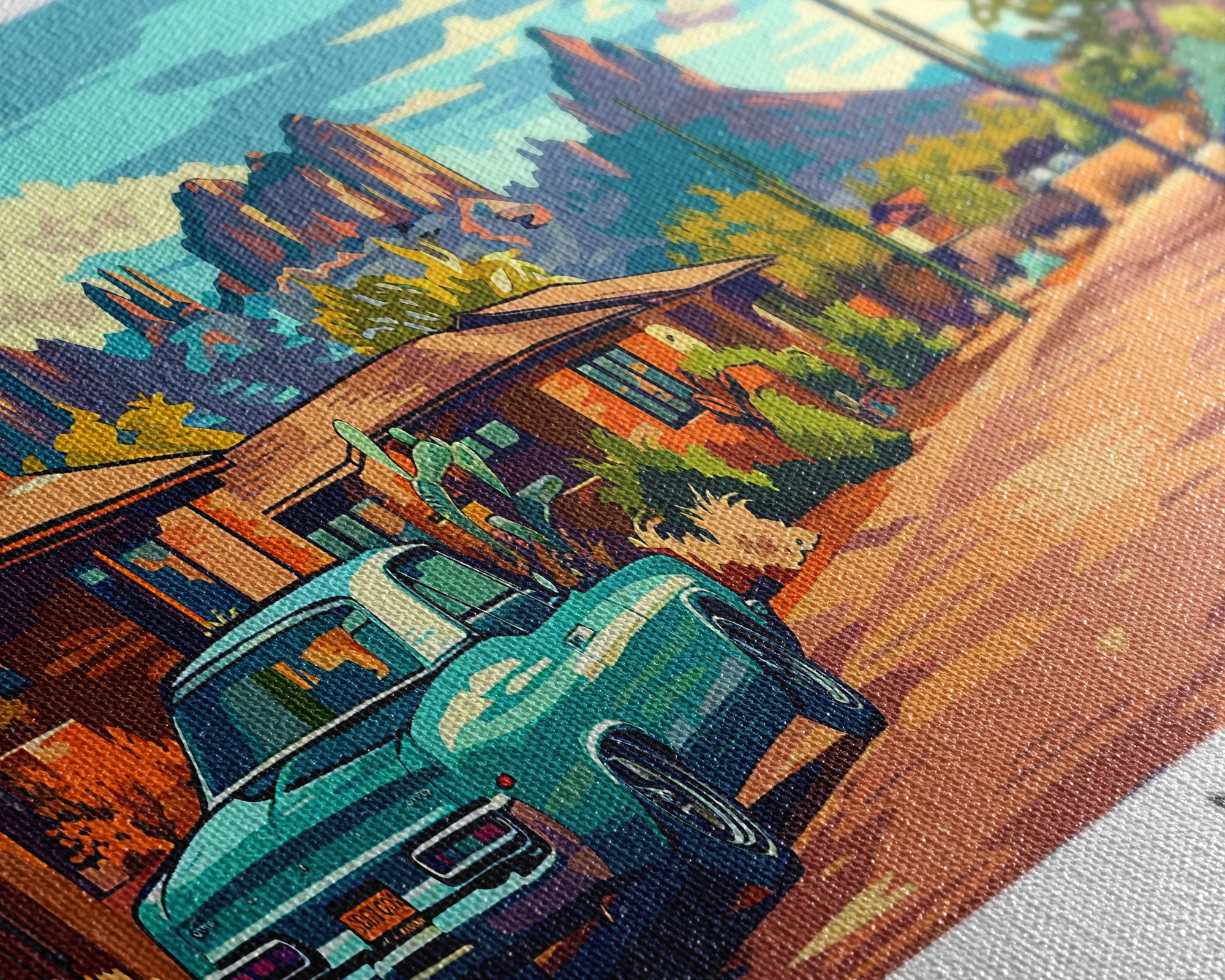 Mesa Arizona Panoramic Painting, Mid Century Modern Framed Canvas Print, Retro Style Wall Art, Pop Art Travel Poster