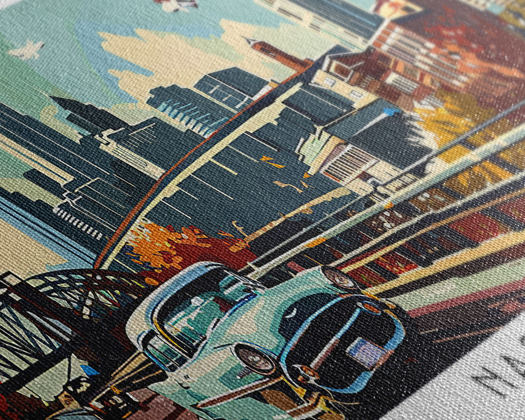 Nashville Tennessee Panoramic Painting, Mid Century Modern Framed Canvas Print, Retro Pop Art Travel Poster, Living Room Art, Home Decor, Office Wall Art, Vintage Style
