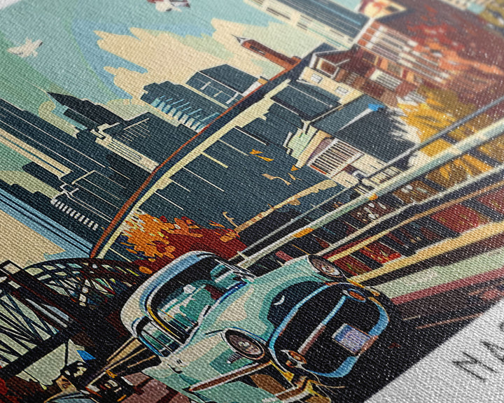Nashville Tennessee Panoramic Painting, Mid Century Modern Framed Canvas Print, Retro Pop Art Travel Poster, Living Room Art, Home Decor, Office Wall Art, Vintage Style
