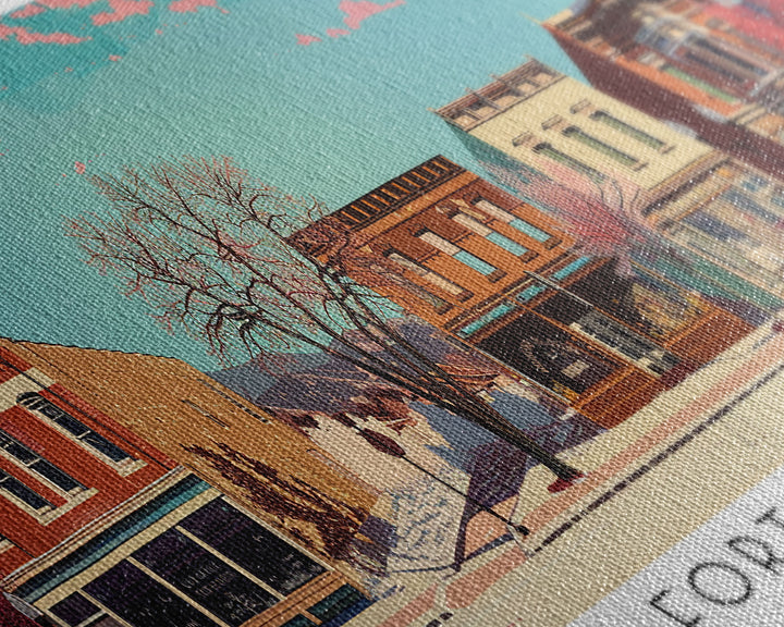 Fort Collins Colorado Panoramic Painting, Mid Century Modern Framed Canvas Print, Retro Pop Art Travel Poster, Office Wall Decor