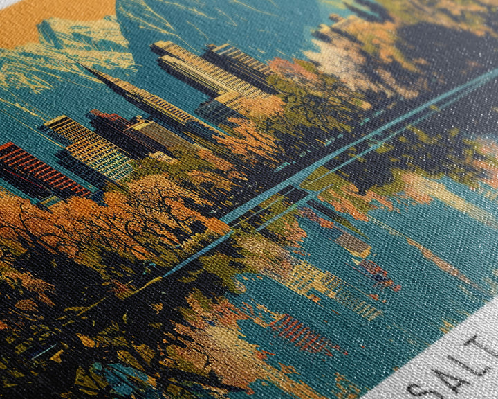 Salt Lake City Utah Panoramic Wall Art, Mid Century Modern Framed Canvas Print, Retro Pop Art Travel Poster, City Art, Office Wall Decor, Living Room Art