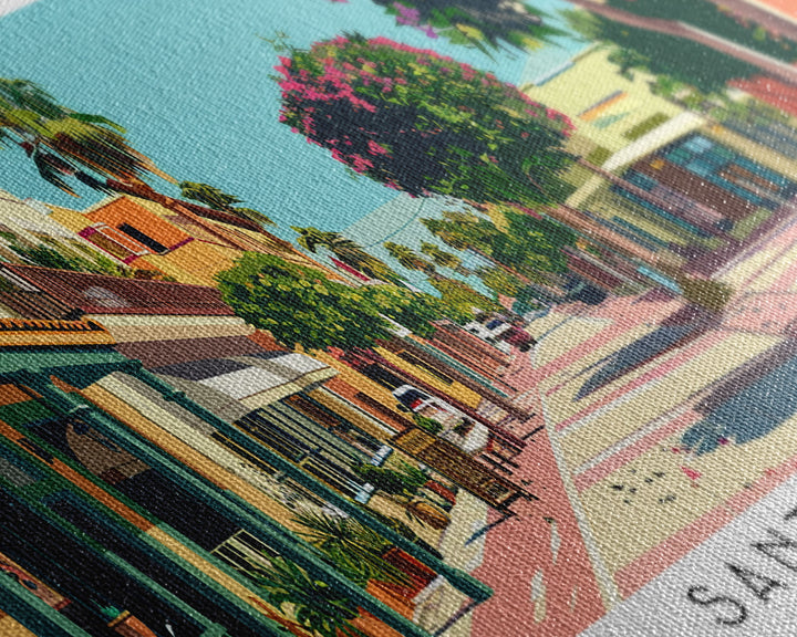 Santa Maria California Panoramic Painting, Mid Century Modern Framed Canvas Print, Retro Pop Art Travel Poster, Home and Office Wall Art Decor