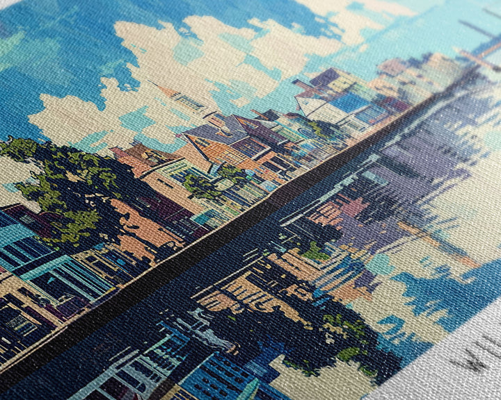 Wilmington North Carolina Panoramic Wall Art, Mid Century Modern Framed Canvas Print, Retro Pop Art Travel Poster, City Art, Home Decoration