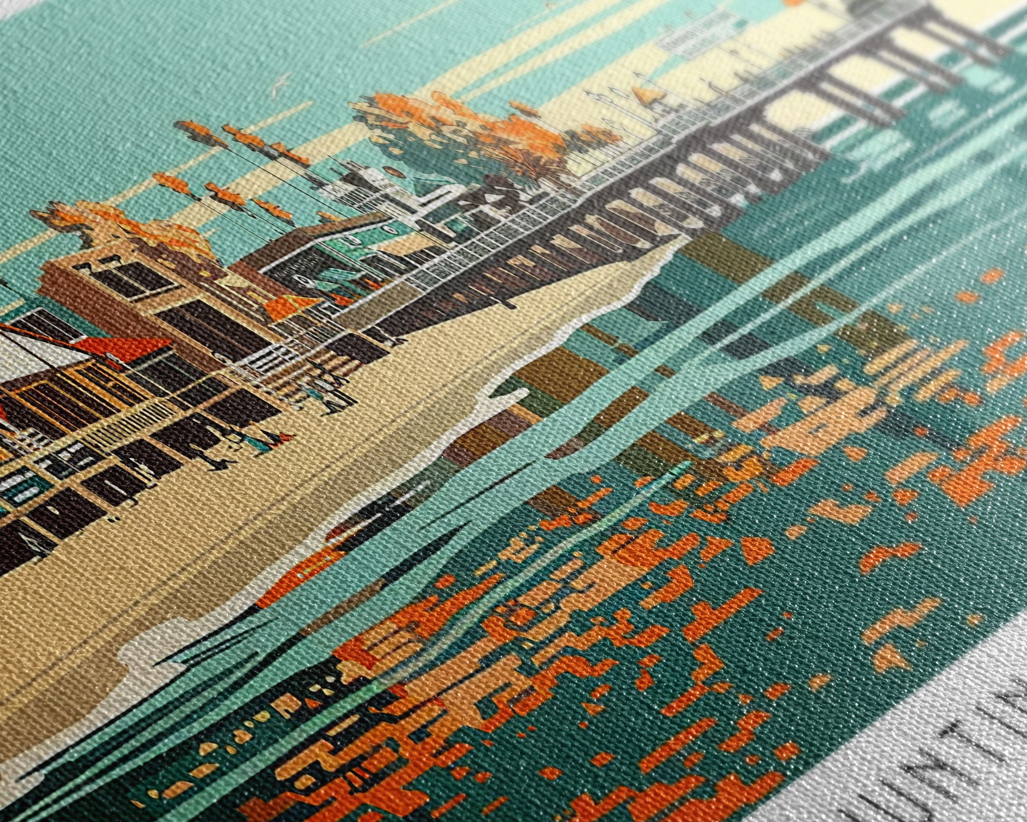 Huntington Beach California Panoramic Painting, Framed Canvas Print, Mid Century Modern Wall Art, Retro Pop Art Travel Poster, Cityscape Decor, Office Wall Art, Home Decor