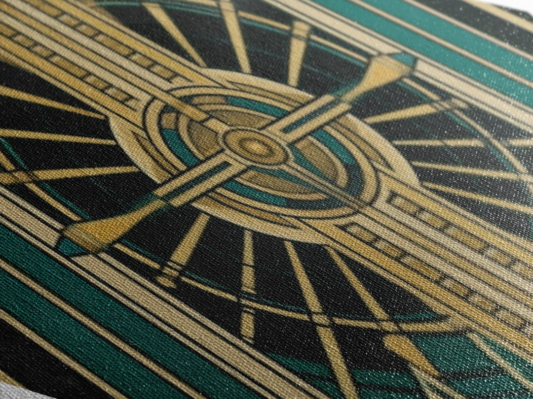Emerald Axis Radiance – Diamond Shaped Canvas Embossed Print in gold green teal art deco, luxury retro wall accent with celestial symmetry