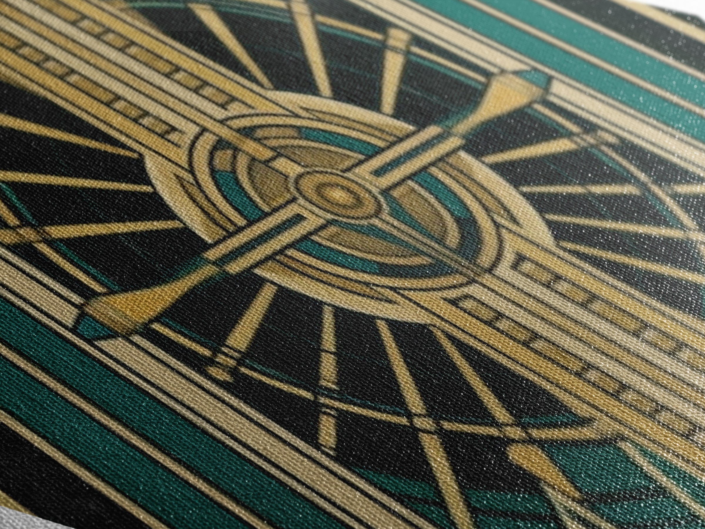 Emerald Axis Radiance – Diamond Shaped Canvas Embossed Print in gold green teal art deco, luxury retro wall accent with celestial symmetry