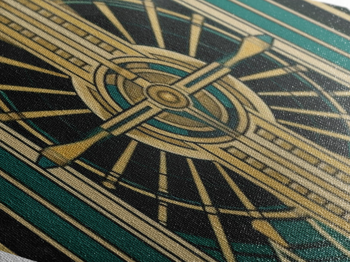 Emerald Axis Radiance – Diamond Shaped Canvas Embossed Print in gold green teal art deco, luxury retro wall accent with celestial symmetry