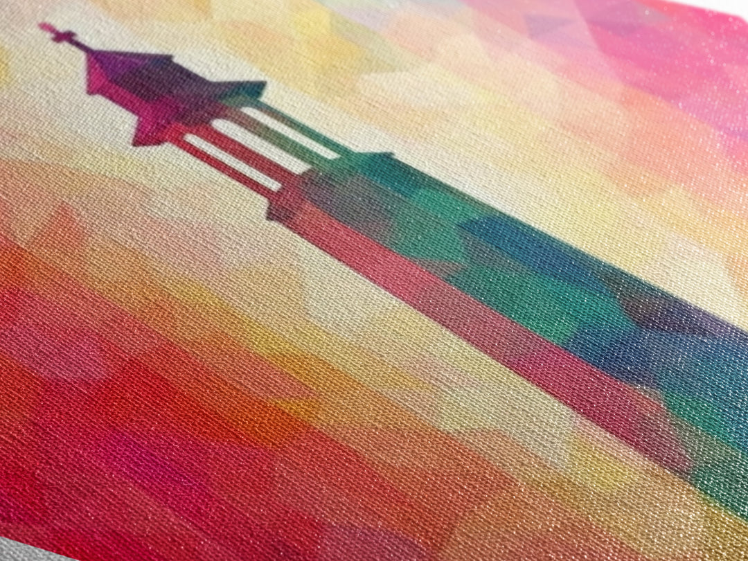Prism Glow Lighthouse Diamond Shaped Canvas Embossed Print, Geometric Pastel Coastal Art, Modern Rainbow Nautical Scene