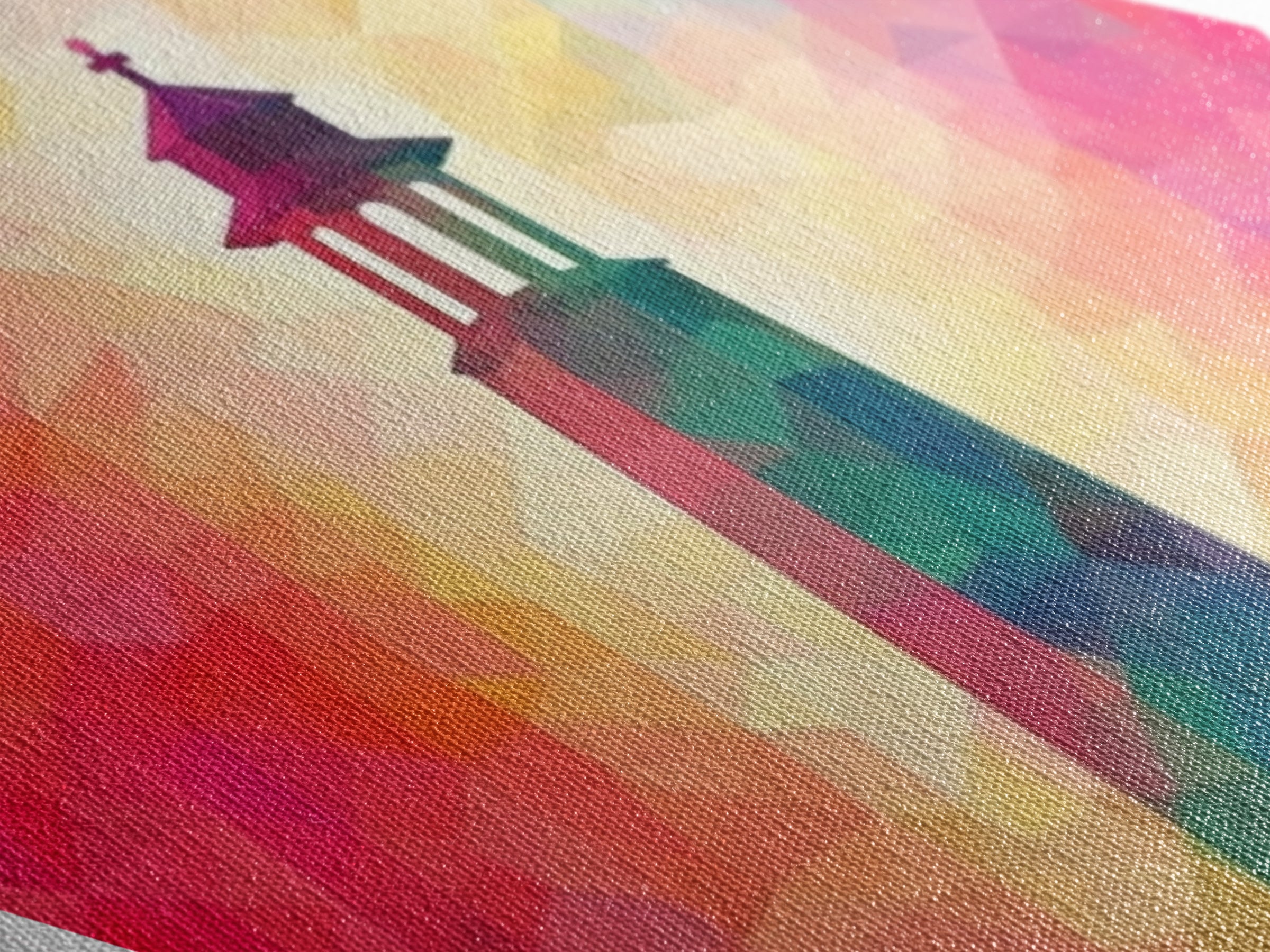 Prism Glow Lighthouse Diamond Shaped Canvas Embossed Print, Geometric Pastel Coastal Art, Modern Rainbow Nautical Scene