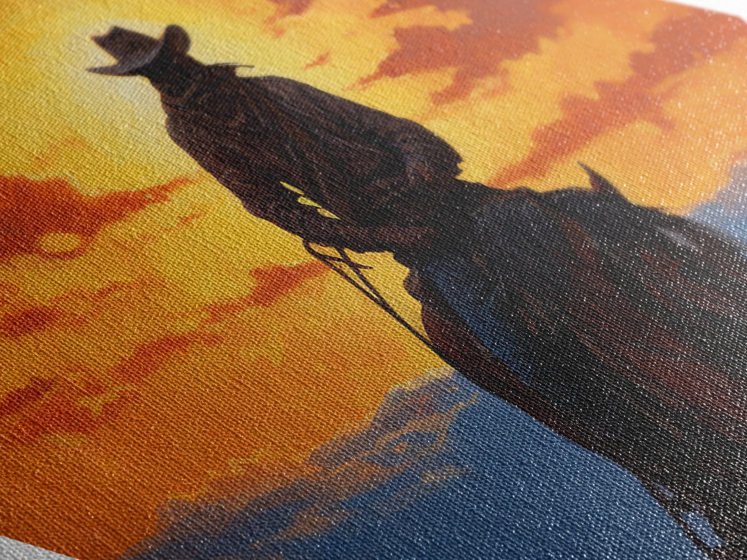 Cowboy Sunset Ride Diamond Shaped Western Horseback Silhouette Canvas Art Print Dramatic Sky Rustic Wall Decor Ranch Theme
