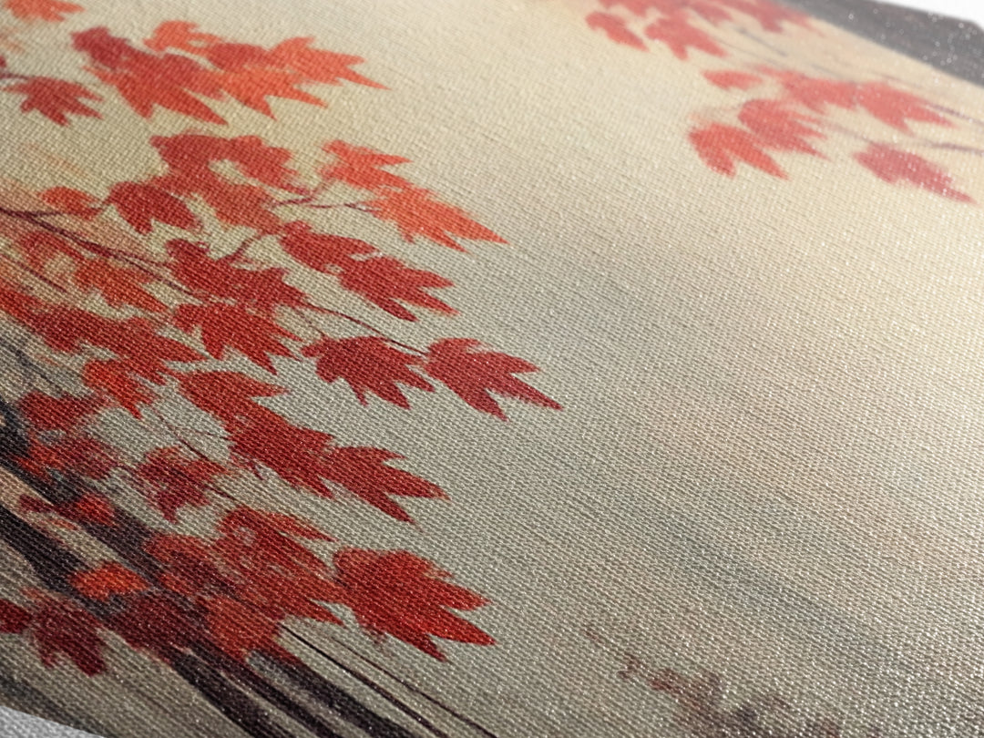 Diamond Shaped Scarlet Leaf Mist Scene, tranquil fall forest Canvas Art Print, red maple foliage decor, ethereal seasonal wall artwork