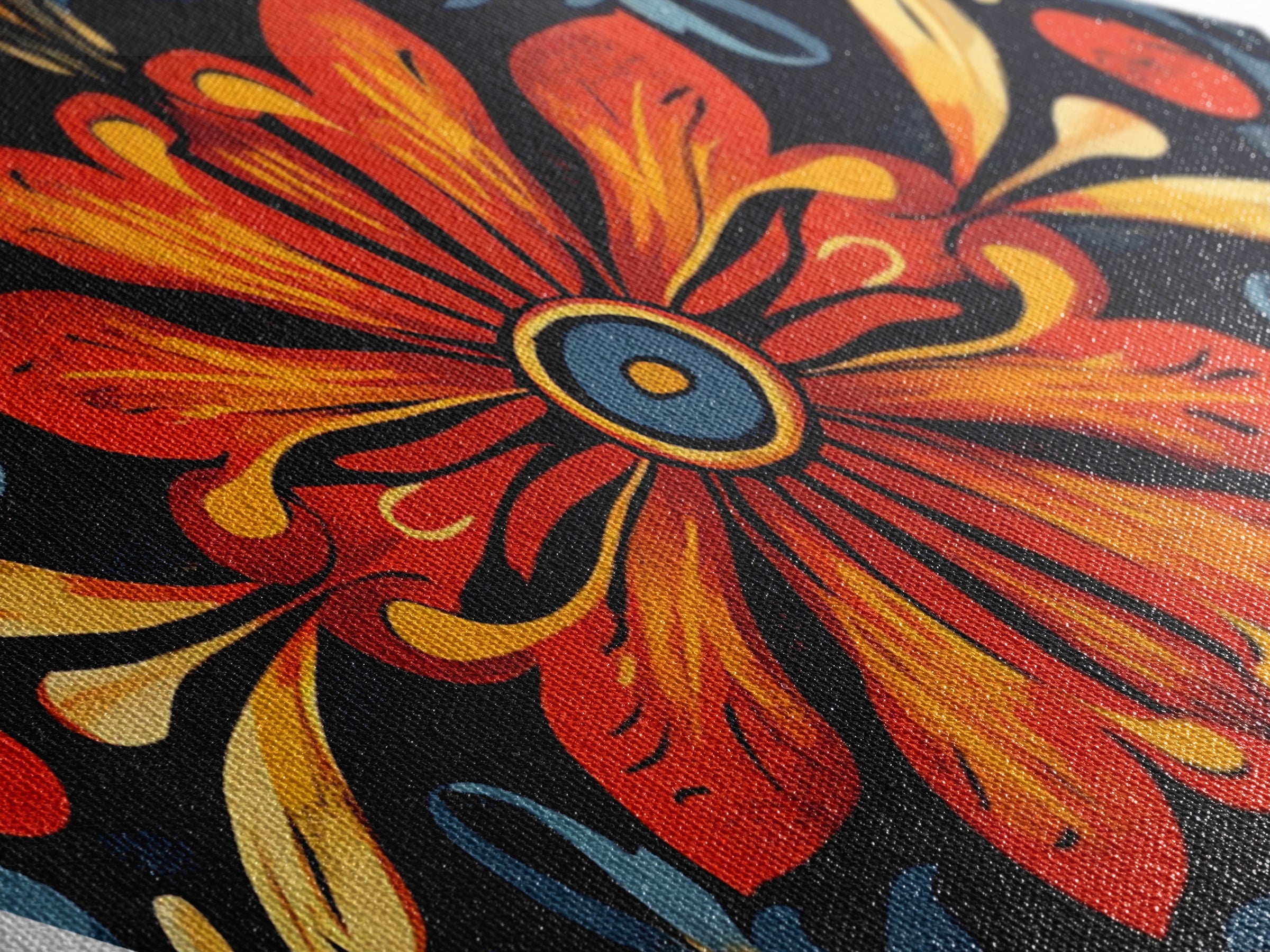 Crimson Bloom Folk Diamond Shaped Canvas Embossed Print featuring stylized red floral design dark background ethnic boho wall art vibrant palette