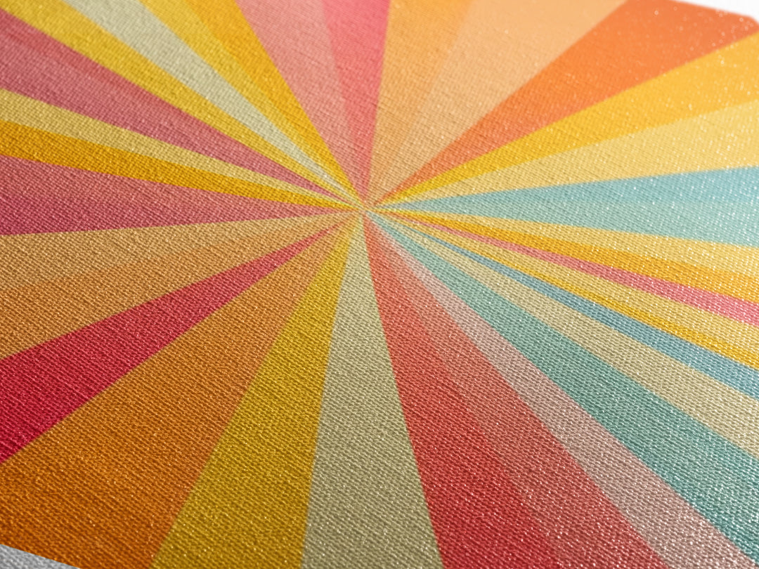 Radiant Retro Burst Diamond Shaped Canvas Art Print with sunshine ray design vivid rainbow starburst midcentury modern energy abstract wall decor