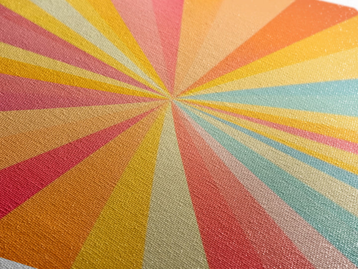 Radiant Retro Burst Diamond Shaped Canvas Art Print with sunshine ray design vivid rainbow starburst midcentury modern energy abstract wall decor