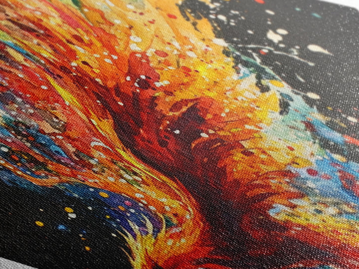 Cosmic Phoenix Bloom Diamond Shaped Canvas Embossed Print, Vibrant Color Splash Wall Art, Celestial Bird Fantasy Artwork