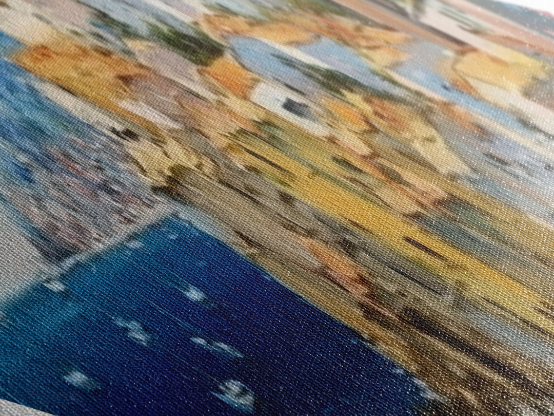Amalfi Shoreline – Diamond Shaped Mediterranean Village Seascape Canvas Textured Print with coastal architecture, oil painting texture