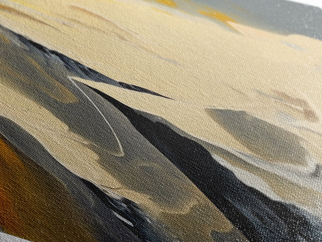 Gilded Summit – Diamond Shaped Golden Mountain Landscape Canvas Embossed Print with snow peaks, yellow ridge lines, and stylized range